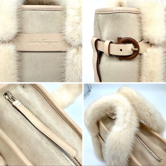 Salvatore Ferragamo Authentic Beige Fur/Suede Gancini Handbag/Shoulder - Picture 9 of 11